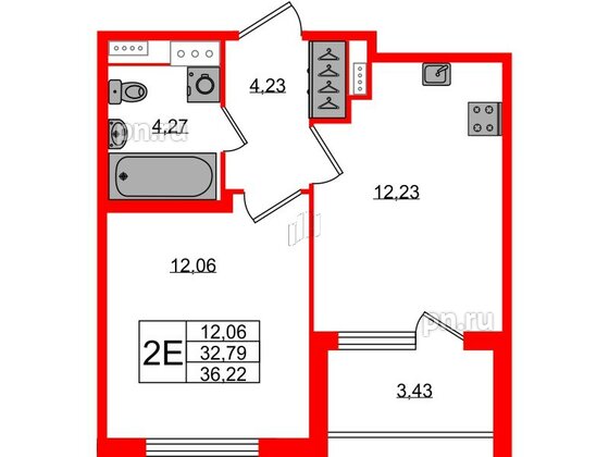 Квартира в ЖК Югтаун, 1 комнатная, 32.79 м², 2 этаж