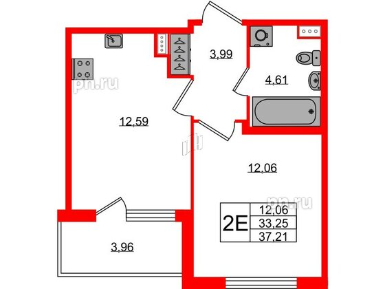 Квартира в ЖК Югтаун, 1 комнатная, 33.25 м², 1 этаж