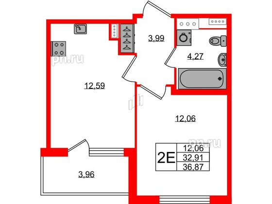 Квартира в ЖК Югтаун, 1 комнатная, 32.91 м², 3 этаж