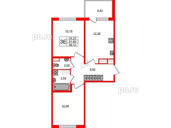 Квартира в ЖК Югтаун, 2 комнатная, 51.69 м², 4 этаж