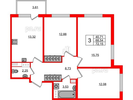 Квартира в ЖК Югтаун, 3 комнатная, 68.54 м², 2 этаж