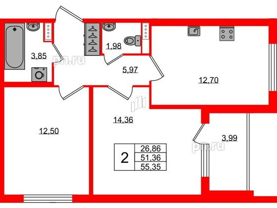 Квартира в ЖК Югтаун, 2 комнатная, 51.36 м², 1 этаж