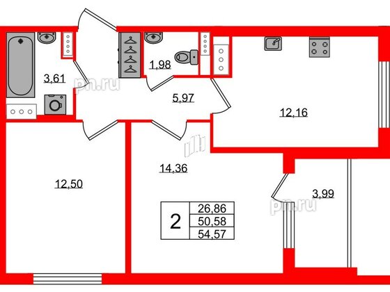 Квартира в ЖК Югтаун, 2 комнатная, 50.58 м², 2 этаж