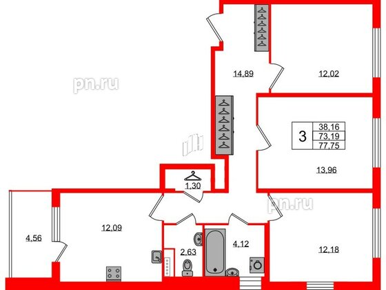 Квартира в ЖК Югтаун, 3 комнатная, 73.19 м², 2 этаж