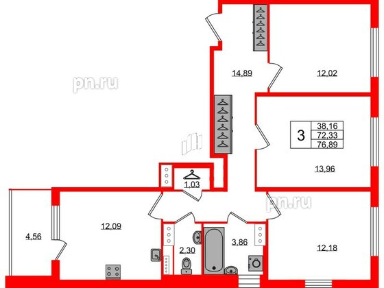 Квартира в ЖК Югтаун, 3 комнатная, 72.33 м², 3 этаж