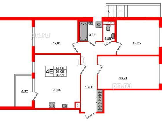 Квартира в ЖК Югтаун, 3 комнатная, 81.08 м², 1 этаж