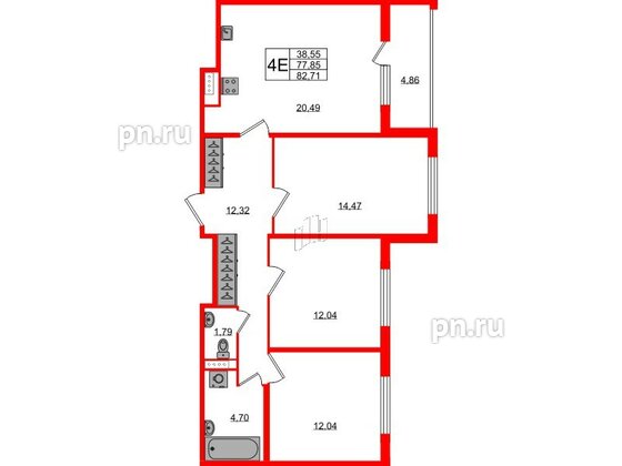 Квартира в ЖК Югтаун, 3 комнатная, 77.85 м², 1 этаж