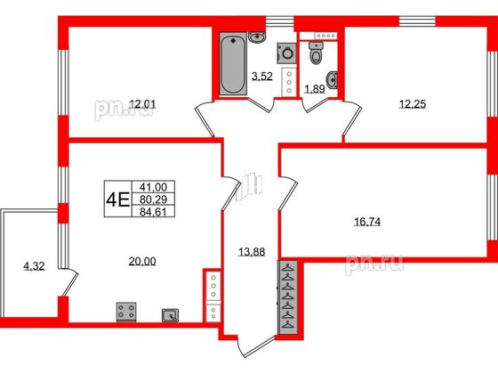 Квартира в ЖК Югтаун, 3 комнатная, 80.29 м², 2 этаж