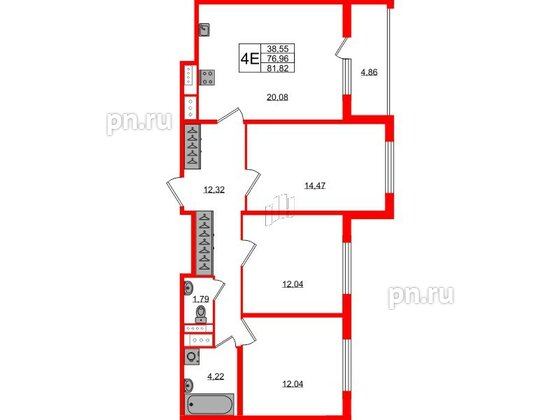 Квартира в ЖК Югтаун, 3 комнатная, 76.96 м², 3 этаж