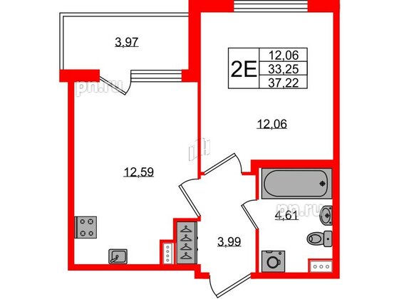 Квартира в ЖК Югтаун, 1 комнатная, 33.25 м², 2 этаж