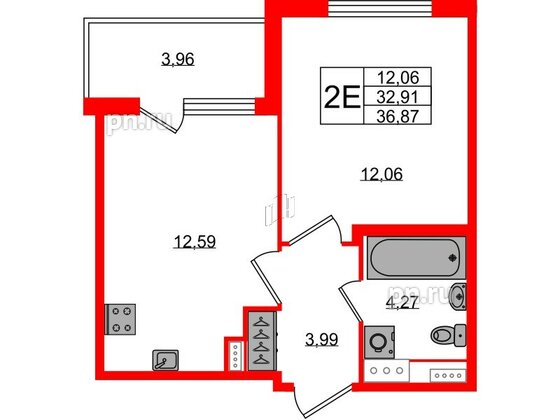 Квартира в ЖК Югтаун, 1 комнатная, 32.91 м², 3 этаж