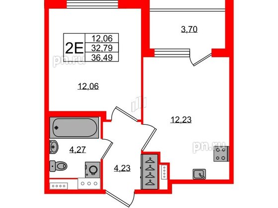 Квартира в ЖК Югтаун, 1 комнатная, 32.79 м², 4 этаж