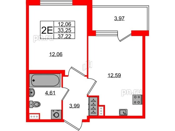 Квартира в ЖК Югтаун, 1 комнатная, 33.25 м², 2 этаж