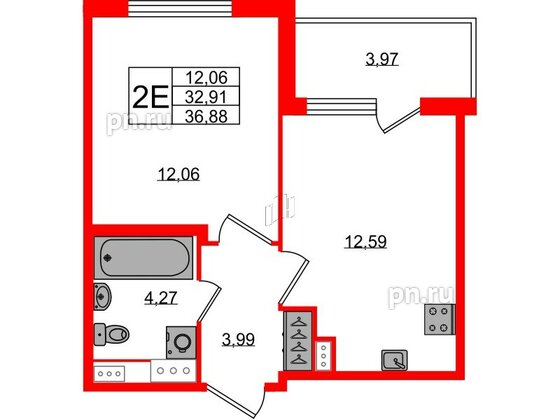 Квартира в ЖК Югтаун, 1 комнатная, 32.91 м², 3 этаж