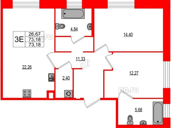 Квартира в ЖК Ranta Residence, 2 комнатная, 73.18 м², 1 этаж