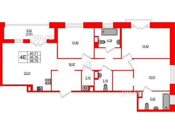 Квартира в ЖК Ranta Residence, 3 комнатная, 98.78 м², 2 этаж