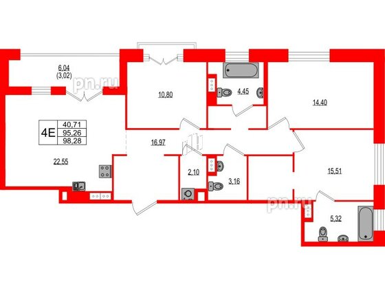 Квартира в ЖК Ranta Residence, 3 комнатная, 98.28 м², 3 этаж