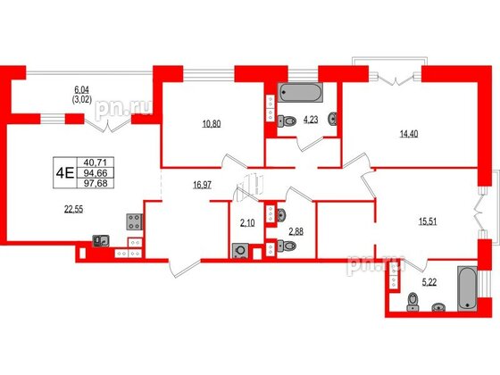 Квартира в ЖК Ranta Residence, 3 комнатная, 97.68 м², 4 этаж