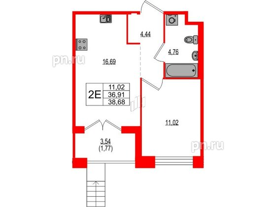 Квартира в ЖК Ranta Residence, 1 комнатная, 38.68 м², 1 этаж