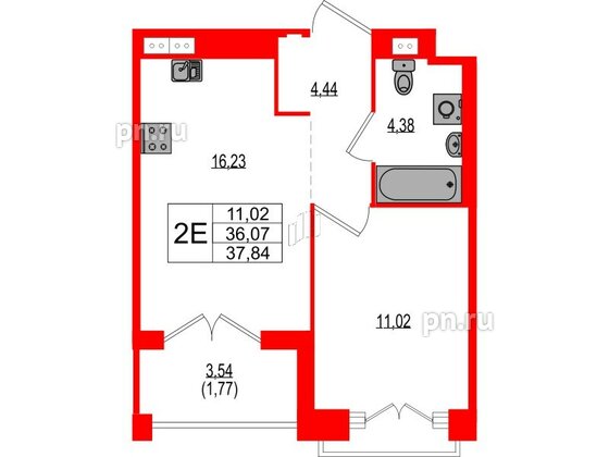 Квартира в ЖК Ranta Residence, 1 комнатная, 37.84 м², 2 этаж