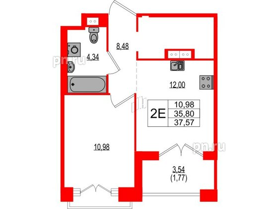 Квартира в ЖК Ranta Residence, 1 комнатная, 37.57 м², 2 этаж