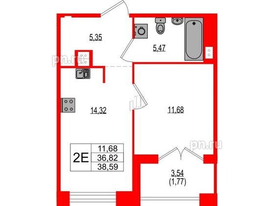 Квартира в ЖК Ranta Residence, 1 комнатная, 38.59 м², 2 этаж