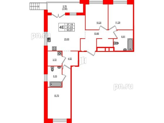 Квартира в ЖК Ranta Residence, 3 комнатная, 93.91 м², 1 этаж