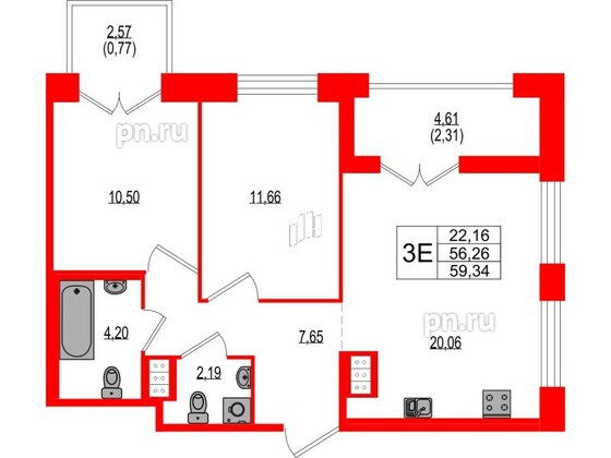 Квартира в ЖК Ranta Residence, 2 комнатная, 59.34 м², 3 этаж