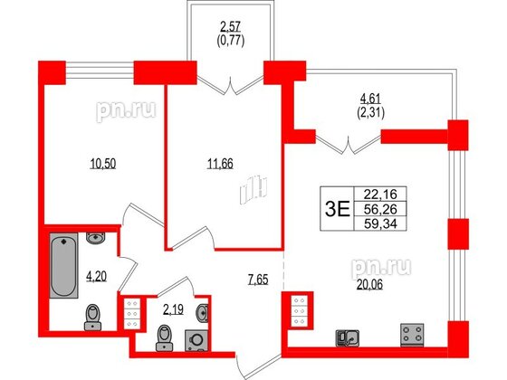 Квартира в ЖК Ranta Residence, 2 комнатная, 59.34 м², 4 этаж