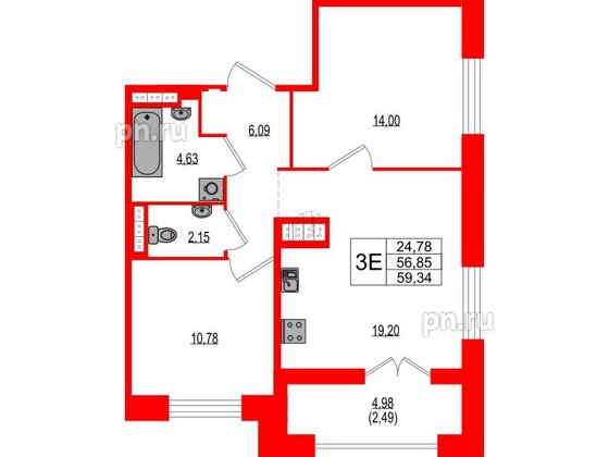 Квартира в ЖК Ranta Residence, 2 комнатная, 59.34 м², 4 этаж