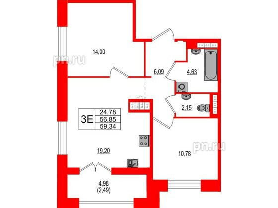 Квартира в ЖК Ranta Residence, 2 комнатная, 59.34 м², 4 этаж