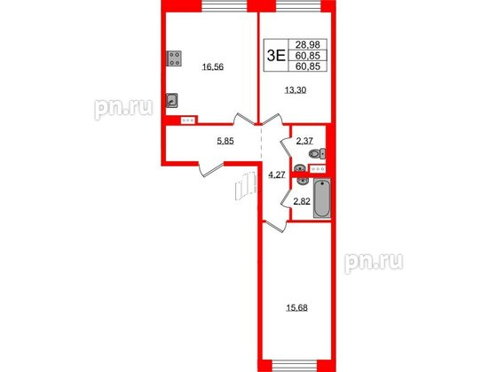 Квартира в ЖК Живи в Рыбацком, 2 комнатная, 60.85 м², 2 этаж