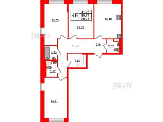 Квартира в ЖК Живи в Рыбацком, 3 комнатная, 80.71 м², 6 этаж