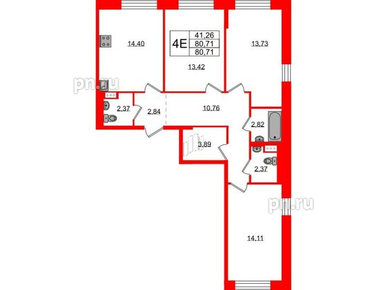 Квартира в ЖК Живи в Рыбацком, 3 комнатная, 80.71 м², 5 этаж