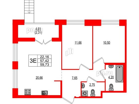 Квартира в ЖК Ranta Residence, 2 комнатная, 59.73 м², 1 этаж