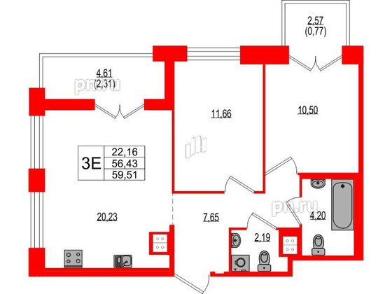 Квартира в ЖК Ranta Residence, 2 комнатная, 59.51 м², 2 этаж