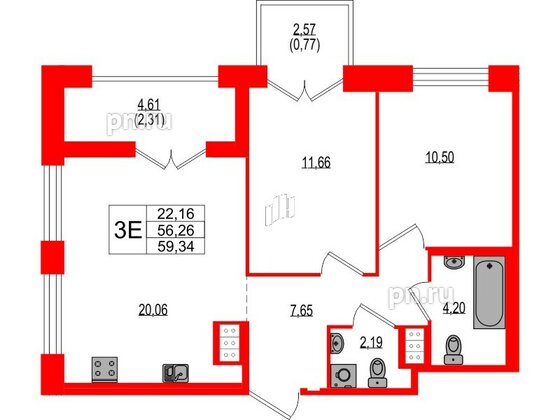 Квартира в ЖК Ranta Residence, 2 комнатная, 59.34 м², 3 этаж