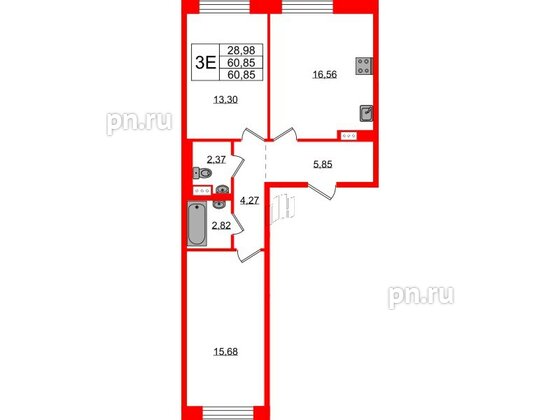 Квартира в ЖК Живи в Рыбацком, 2 комнатная, 60.85 м², 2 этаж