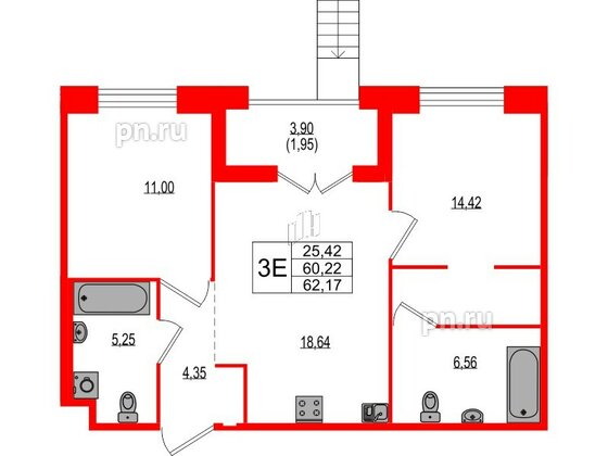 Квартира в ЖК Ranta Residence, 2 комнатная, 62.17 м², 1 этаж