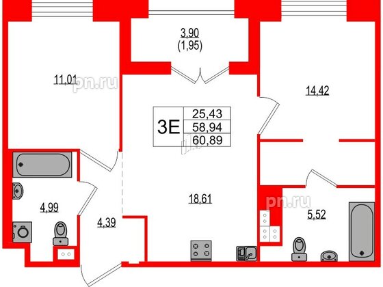 Квартира в ЖК Ranta Residence, 2 комнатная, 60.89 м², 2 этаж