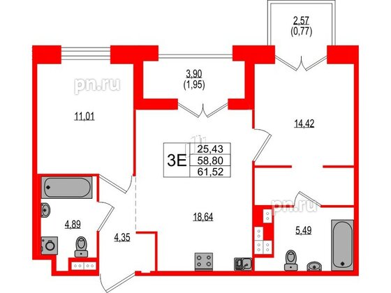 Квартира в ЖК Ranta Residence, 2 комнатная, 61.52 м², 3 этаж