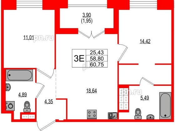 Квартира в ЖК Ranta Residence, 2 комнатная, 60.75 м², 4 этаж