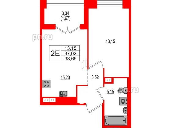 Квартира в ЖК Ranta Residence, 1 комнатная, 38.69 м², 2 этаж