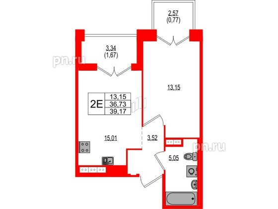 Квартира в ЖК Ranta Residence, 1 комнатная, 39.17 м², 3 этаж