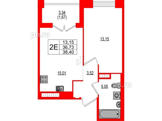 Квартира в ЖК Ranta Residence, 1 комнатная, 38.4 м², 4 этаж