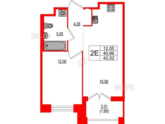 Квартира в ЖК Ranta Residence, 1 комнатная, 42.52 м², 1 этаж