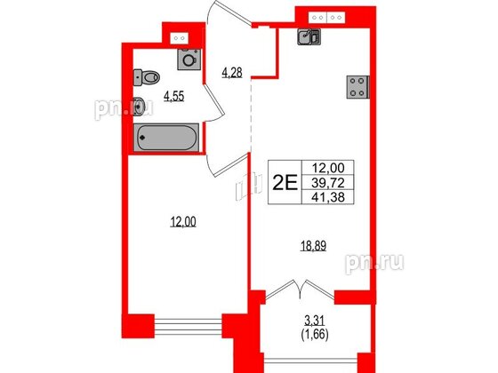 Квартира в ЖК Ranta Residence, 1 комнатная, 41.38 м², 2 этаж