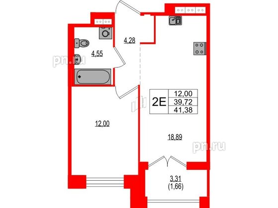 Квартира в ЖК Ranta Residence, 1 комнатная, 41.38 м², 3 этаж