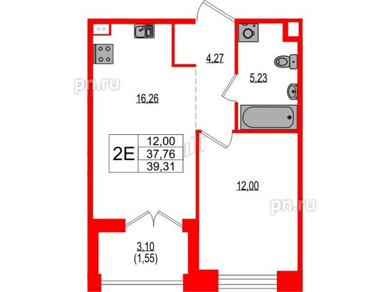 Квартира в ЖК Ranta Residence, 1 комнатная, 39.31 м², 2 этаж