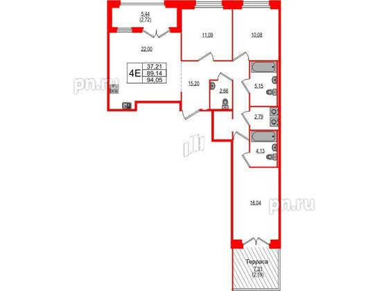 Квартира в ЖК Ranta Residence, 3 комнатная, 94.05 м², 2 этаж